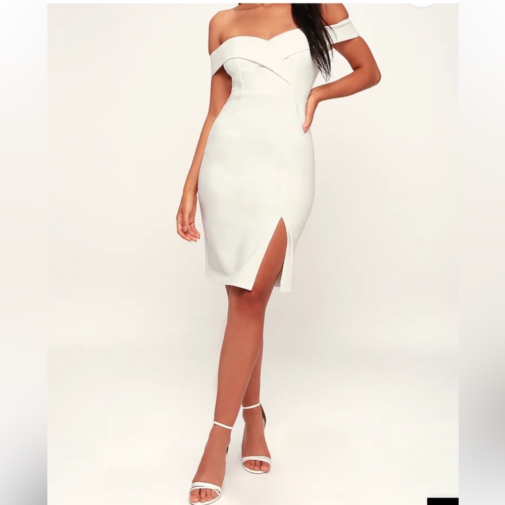 Lulus Classic Off-The-Shoulder Bodycon Midi Length Dress Bridal White Size M NWT